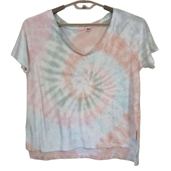 Tie Dye Terry Cloth Top L Relaxed Short Sleeve Beachy Coastal Pastels Hippie - Picture 10 of 16